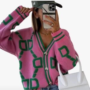 Women's Sweater Cardigan Oversized Button Down Long Sleeve Geometric Loose Knit